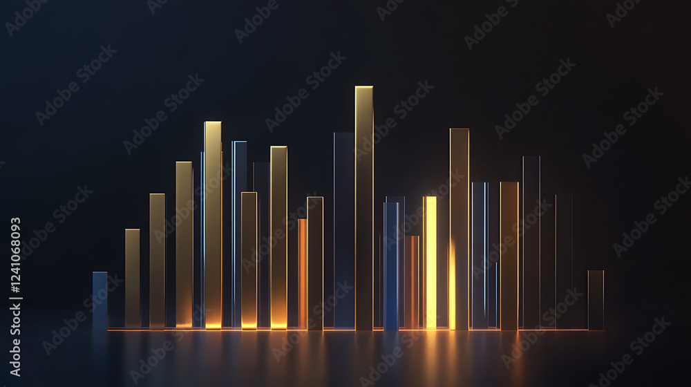 Poster a sleek bar graph with glowing gold and blue bars on a dark background, representing data visualizat