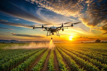Drone Agricultural Spraying Sunset Field - Precision Farming Technology