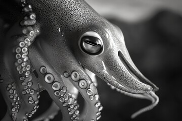 Close-up of a squid's eye and tentacles, showcasing intricate details and textures.