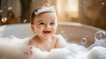 Baby having bubble bath in the tub