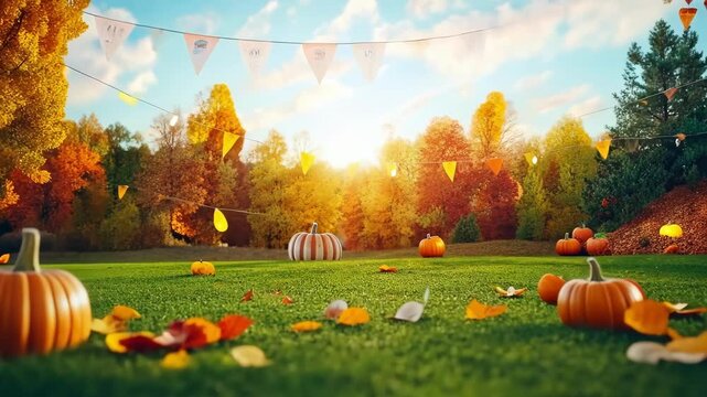 Autumn festival scene with pumpkins and colorful bunting in sunlit park