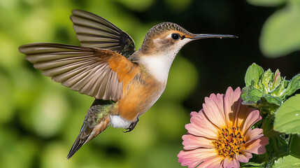 Fototapeta premium Macro shot of a hummingbird hovering near a vibrant flower, showcasing intricate feather details and delicate wing motion. The morning sunlight enhances the soft textures, while blurred green foliage 