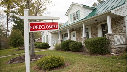 Naklejka premium Foreclosure Sign in Front of House Residential Property Loss and Financial Crisis