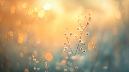 Golden abstract bokeh background with delicate plants in soft focus at sunrise