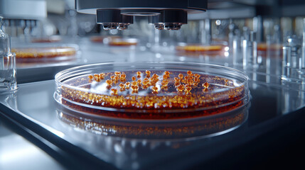 Close up of petri dish with genetically engineered microorganisms under microscope