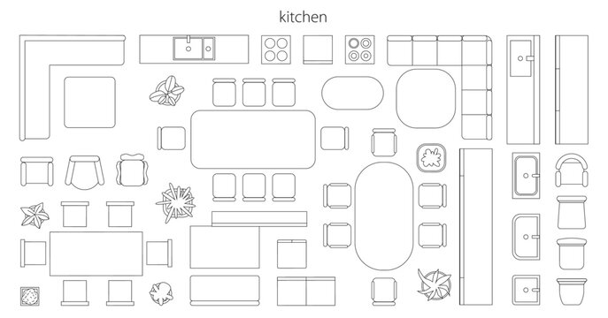 Furniture for interior design plan or scheme. Vector flat cartoon, schematic top view, isolated objects for kitchen. Cabinets and appliances, table with chairs and sinks, sofas and houseplants