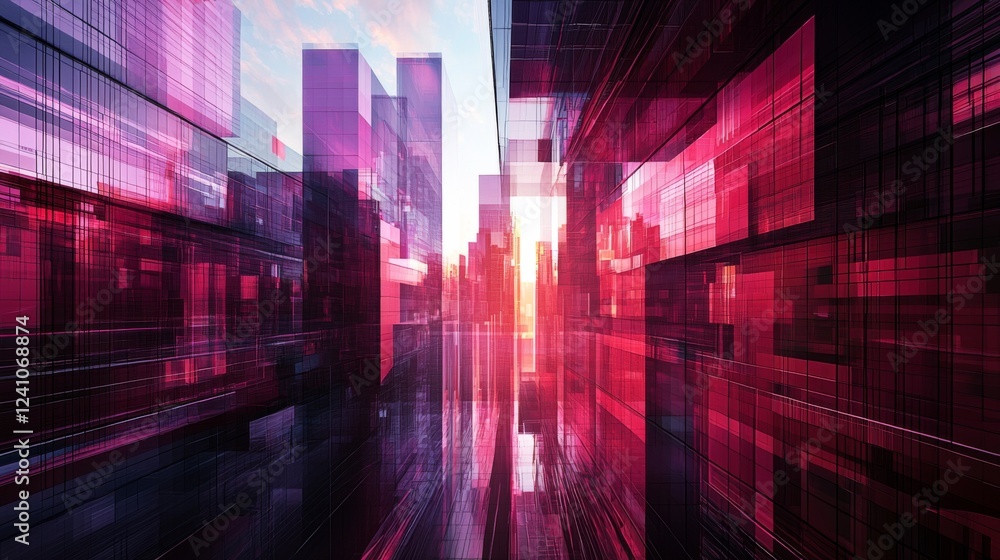 Poster futuristic abstract cityscape with dynamic glass structures and vibrant light reflections in a digit