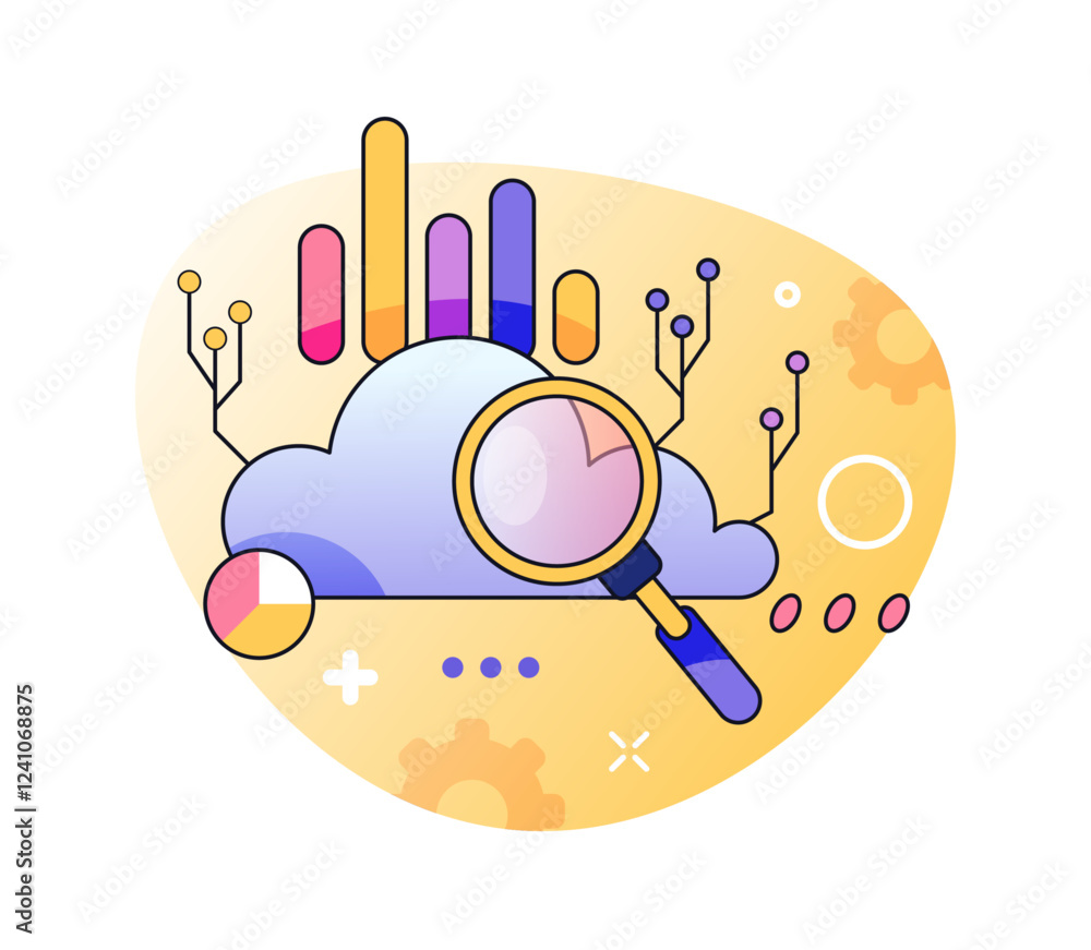 Poster Cloud system and artificial intelligence used for scheduling backup and storage of files. Vector modern technologies for business and analysis of data. Magnifying glass and charts infographics