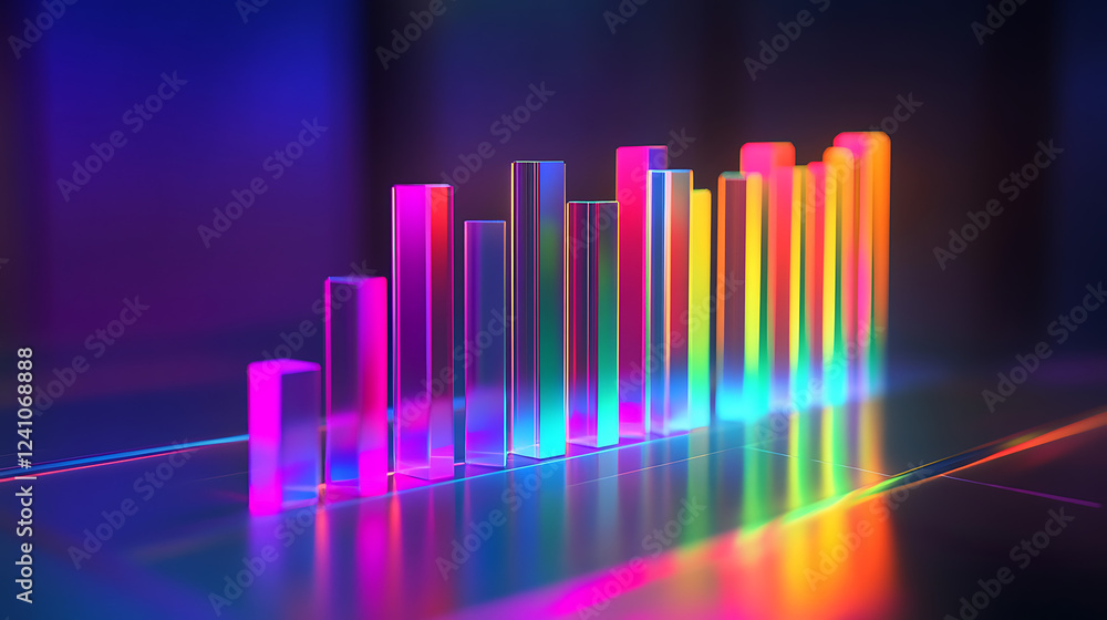 Poster a vibrant, abstract visualization of colorful bars representing data or sound, illuminated with neon