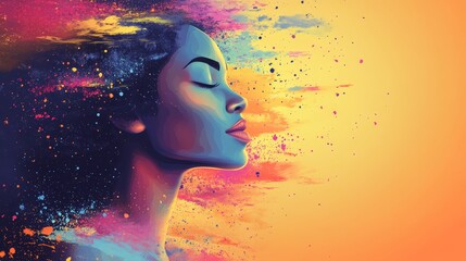 Artistic portrait of woman with vibrant color splashes the face is painted with bright hues abstract design visual effect colorful splash painting