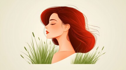 Naklejka premium Stunning redhead woman with flowing long hair posing gracefully in field of green grass