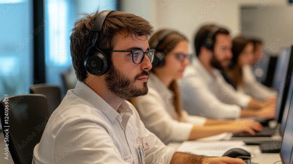 Poster team of logistics professionals utilizing digital technologies and collaborative tools to optimize t