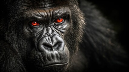 Naklejka premium Intense Gorilla Portrait Powerful Primate with Striking Red Eyes on Dark Background