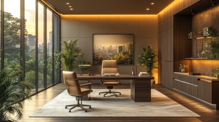 Fototapeta premium A sophisticated office with mocha walls, walnut wood furniture, beige leather chairs, soft glowing lights, and green plant accents for a warm and elegant workspace 