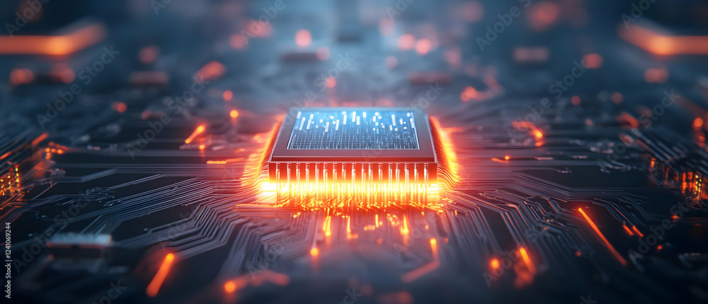 Poster a close-up view of a computer chip illuminating vibrant colors, showcasing modern technology and inn