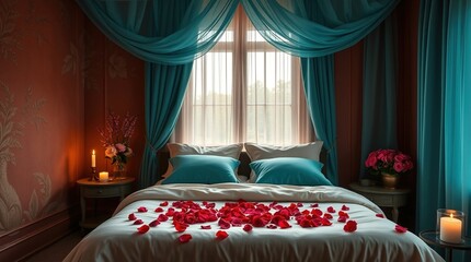 With rose petals on the bed, gentle candlelight, and silky drapes, this romantic bedroom is exquisitely rendered in warm terracotta and cold teal tones, highlighting sophisticated features and an eart