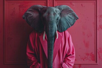 Surreal Artistic Composition of Elephant Wearing Bright Pink Overcoat Against a Vivid Red Wall, Blending Nature and Fashion Elements  elephant