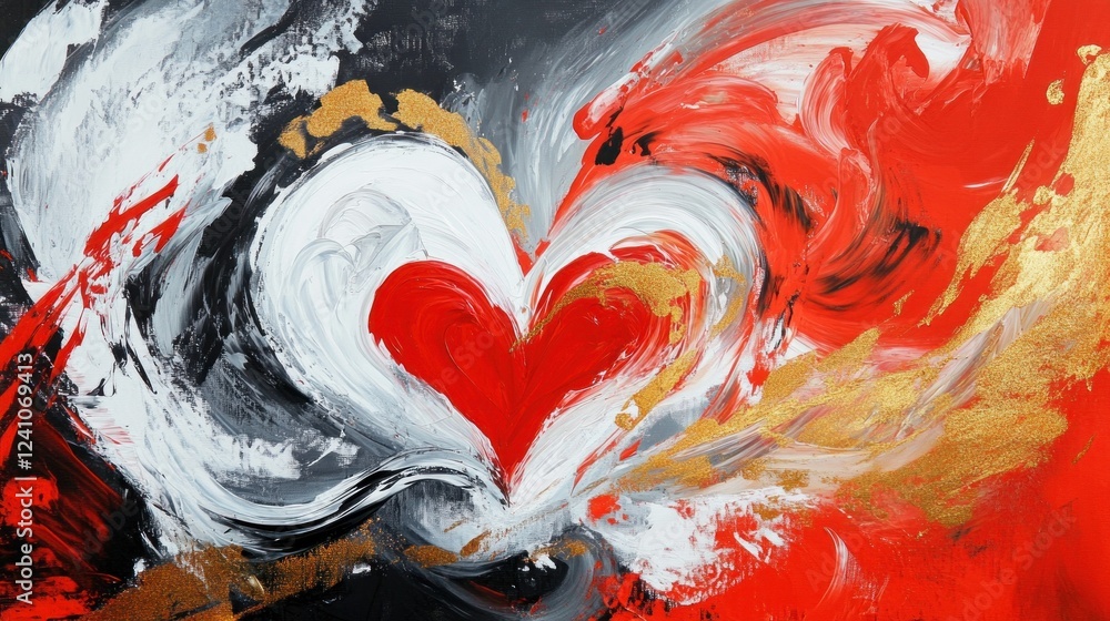 Poster abstract painting with expressive strokes of red white black and gold creating a dynamic visual artw