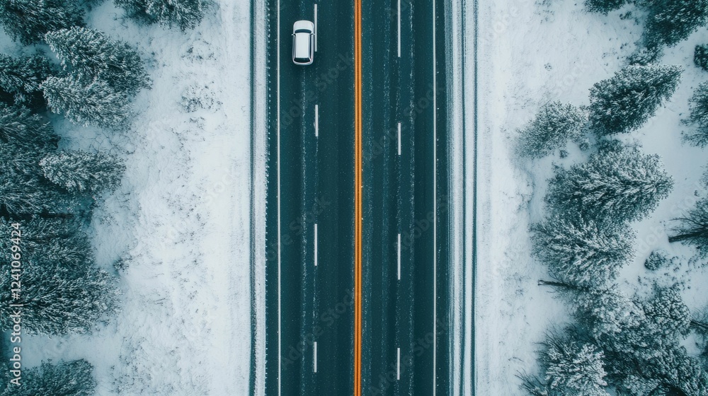 Poster aerial drone monitoring traffic patterns and flow on snowy roads to assist in real time route adjust
