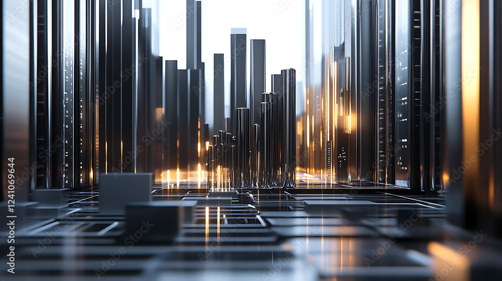 Poster a futuristic cityscape with tall metallic structures reflecting light, creating a mesmerizing urban 