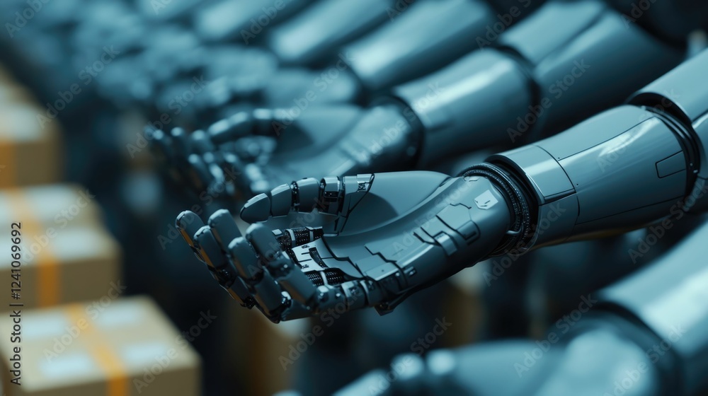 Poster robotic arms efficiently sorting packages on a conveyor belt in a modern warehouse symbolizing the a