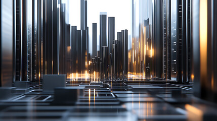 Fototapeta premium A futuristic cityscape with tall metallic structures reflecting light, creating a mesmerizing urban environment.