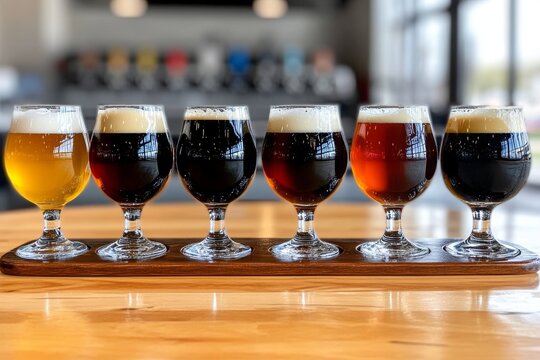 Sample various craft beers in a modern brewery with vibrant atmosphere and inviting decor