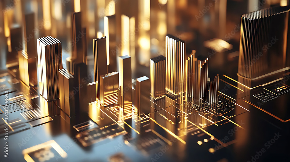 Poster a futuristic cityscape made of gold-like structures, resembling a blend of architecture and digital 