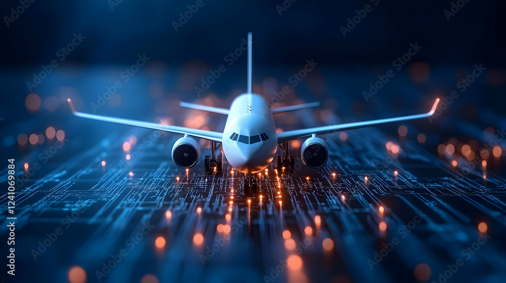 Poster a close-up view of a model airplane on a futuristic digital background with glowing lights.