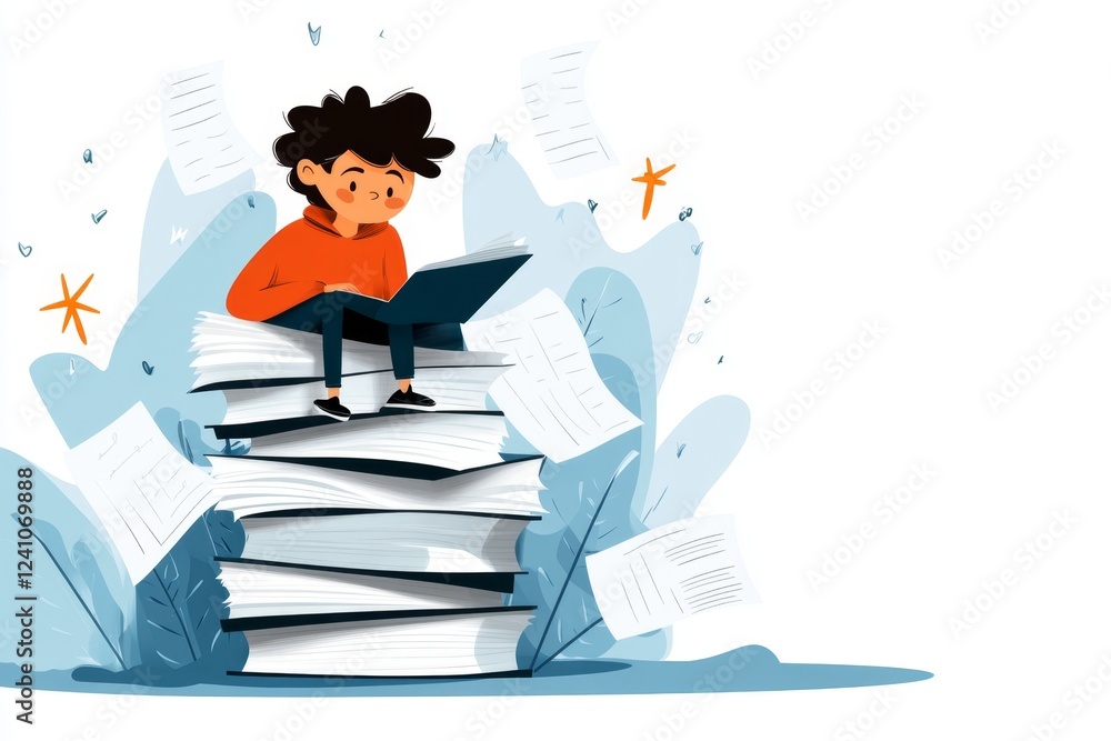 Poster A flat icon of a student looking up at a tall stack of tuition bills, showing financial pressure in a simple and modern style