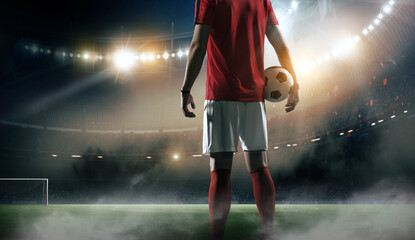 Soccer player with ball in the stadium, 3d rendering.