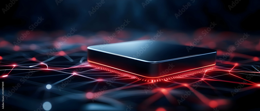 Poster a close-up view of a sleek microchip glowing amidst a digital network, showcasing innovation and con