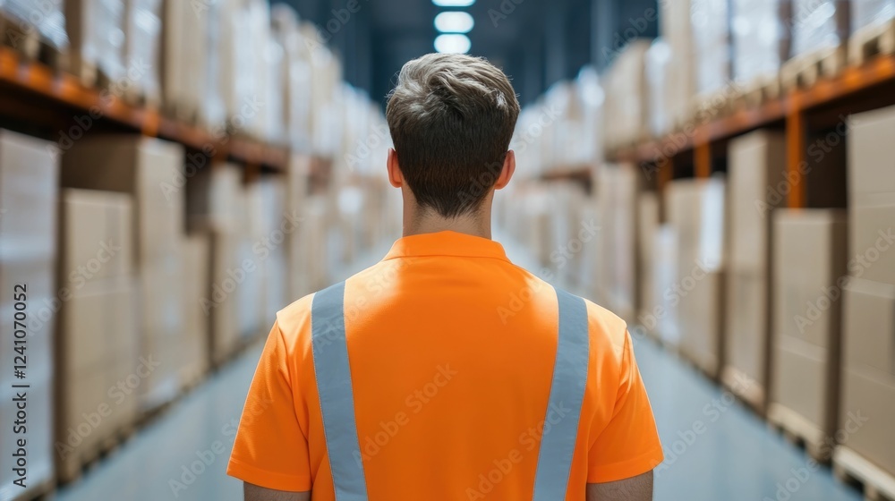 Poster warehouse worker carefully scanning barcodes on packages in a modern distribution center ensuring su