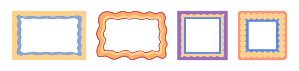 Wave scalloped edge frames. Vector isolated wavy doodle borders with copy space, empty posters or banners. Social media templates, funky or hippie colored geometric shapes with curvy lines