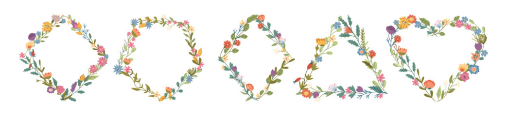 Borders with wildflowers and blossom. Vector flat set of compositional frames with geometric shapes. Rhombus and heart, triangles with empty copy space. Banners or posters for typography