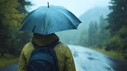 Peaceful Adventure with Umbrella on Rainy Day in Scenic Landscape