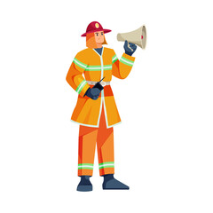 Fireman in uniform talking through megaphone loudspeaker, holding walkie talkie. Vector flat cartoon character, isolated firefighter at work, dealing with emergency and putting out fire