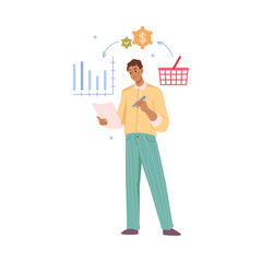 Consumer behavior man investigate food consumption. Vector guy with shopping list, sales research habit, charts and shopping cart. Man choosing product, marketing and competitor strategy