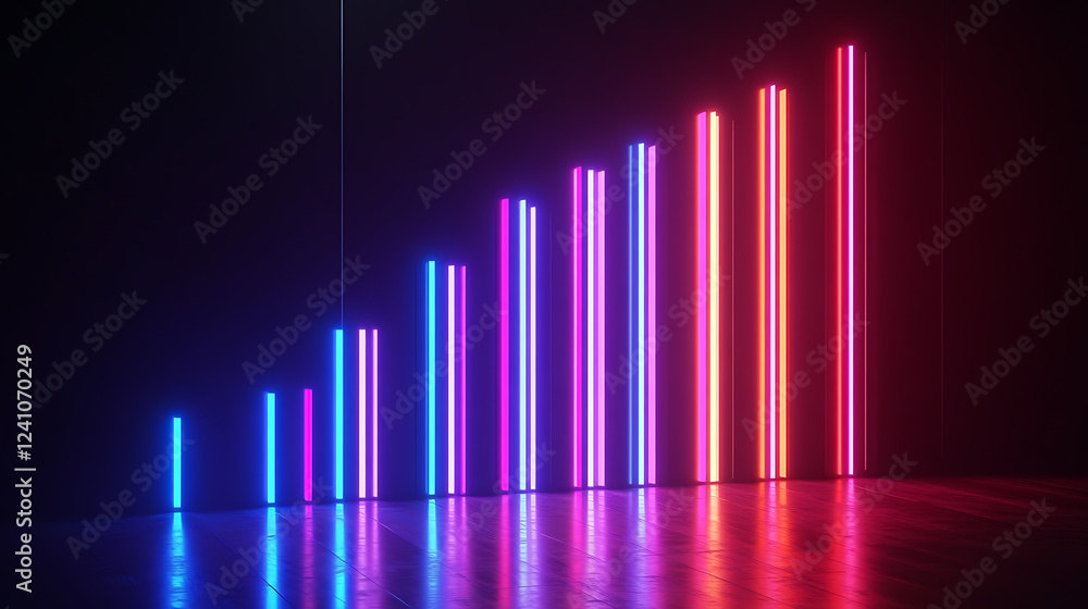 Poster the image features vibrant neon light bars in varying heights, creating a visually striking upward t