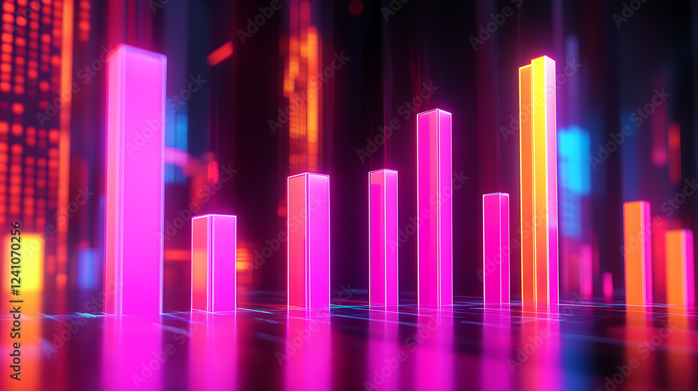 Poster a vibrant digital visualization of bar graphs in neon colors, representing data trends with a futuri