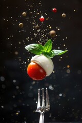 Caprese Salad Ingredient Layers with Basil and Tomato on Fork