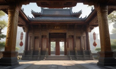 Fototapeta premium Ancient Asian temple with intricate carvings and ornate details, peaceful landscape, colorful rainbow in the background, serene atmosphere