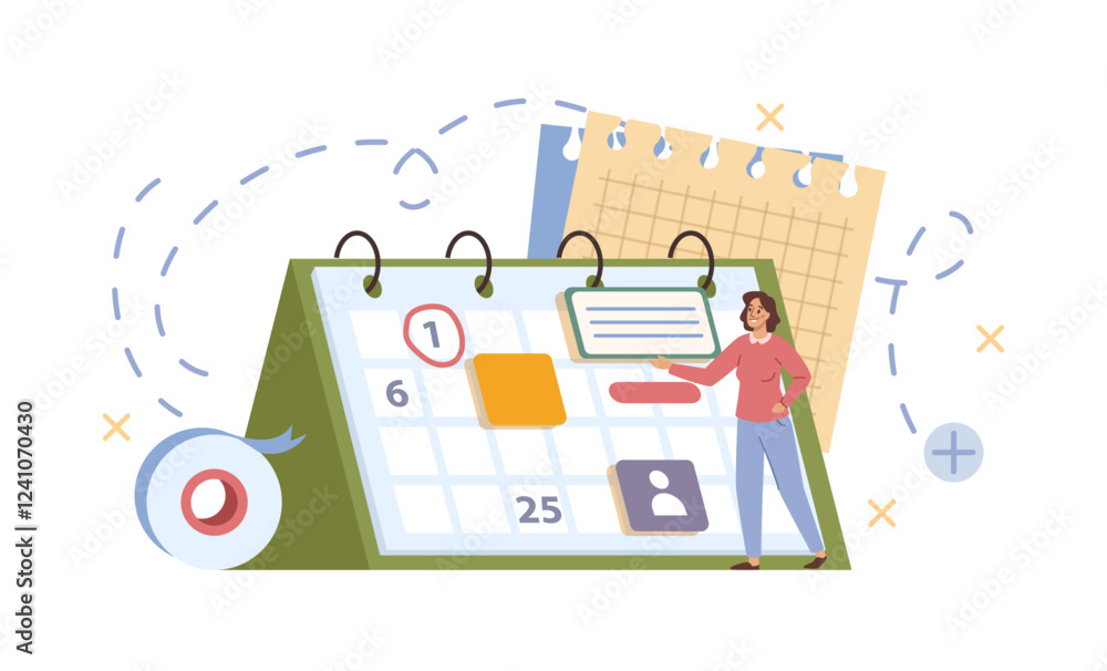 Poster Female character rescheduling tasks and deadlines in calendar or planner. Vector isolated worker with organizer filled with project details, memos and meeting appointments. Work tolls for business