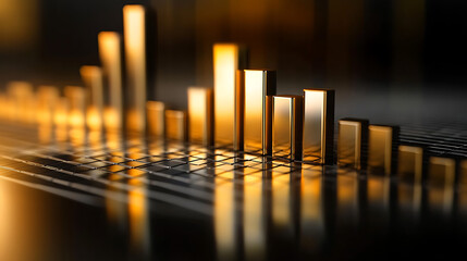 An abstract image displaying golden bars rising against a dark background, representing growth, data, or sound frequencies.