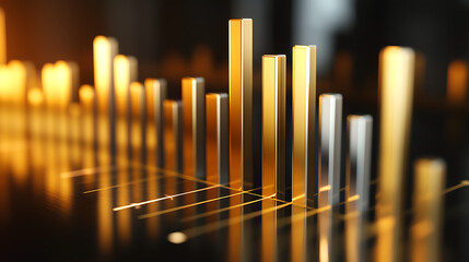 Obraz premium A close-up view of golden and silver bar charts, symbolizing data analysis and financial growth in a modern, sleek design.