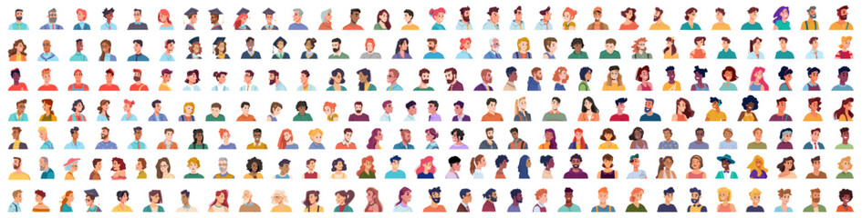 Portraits of people in front, full face and profile side view. Vector personages of different nationalities, religious classes and social statuses. Isolated avatars icons of cartoon characters © Sensvector