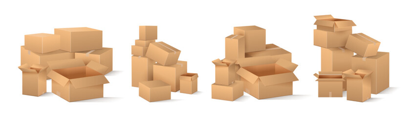 Parcels pile, isolated cardboard boxes with tapes, stack of open and closed paper containers for goods and orders. Vector mail and postal service, delivery and transportation mockup on package