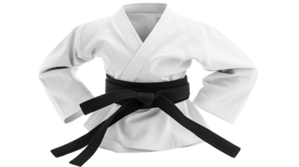 White Karate Gi with Black Belt isolated on white and transparent background, cut out png