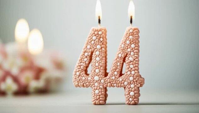 Elegant Pink Birthday Candle Display Featuring the Number 44 Against a Soft, Blurred Background with Delicate Flowers for a Celebratory Atmosphere