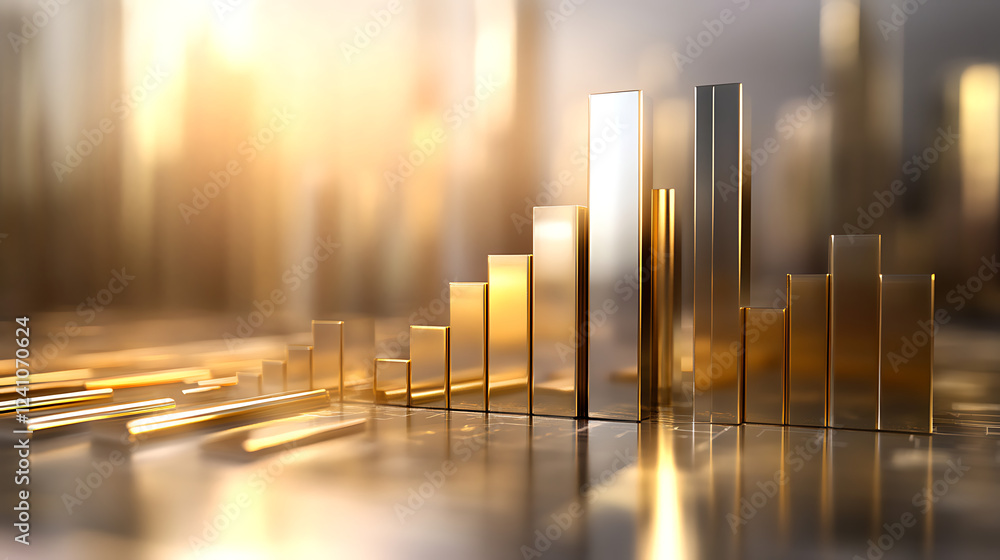Poster a shimmering visualization of data trends, featuring golden and silver bars representing growth and 